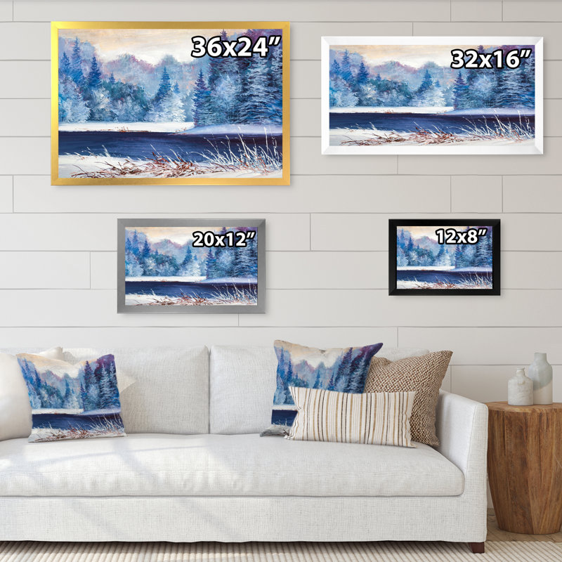 Forêt de Noël avec rivière - Peinture sur toile, H 24 po x l 36 po x P 1 po, Cadre noir
