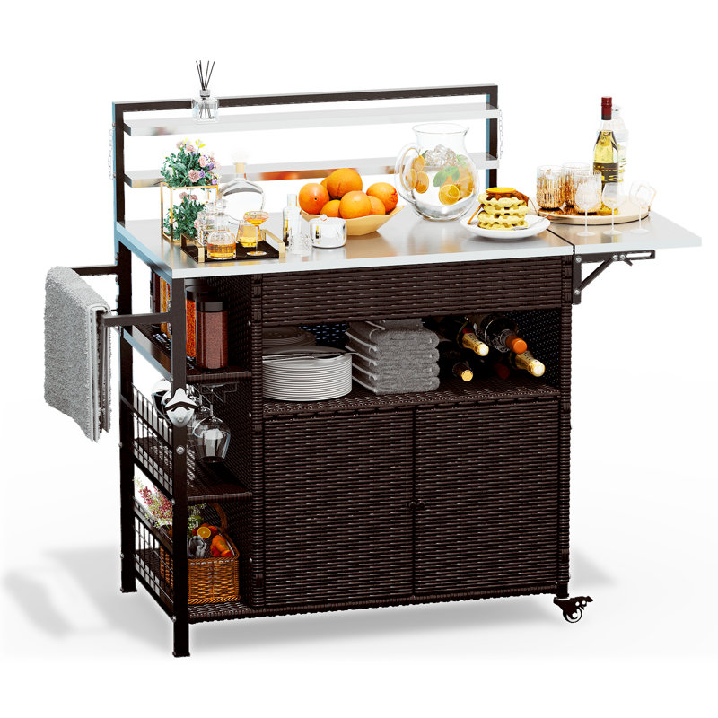 Chariot-bar d'extérieur amélioré avec armoire de rangement en rotin et roulettes