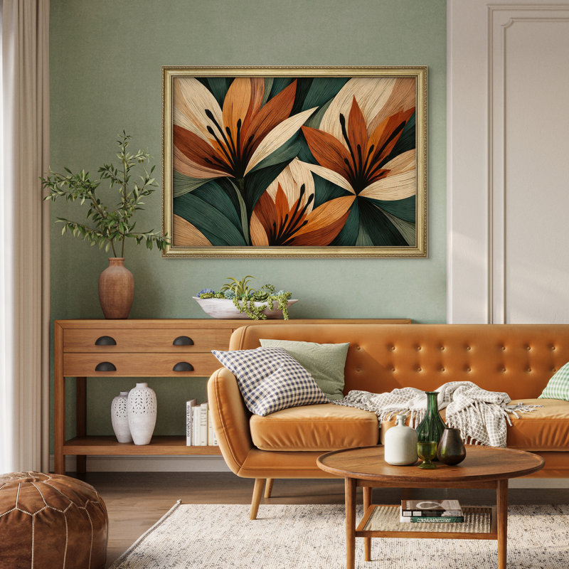 Art floral encadré audacieux avec feuilles orange et vertes pour le salon 26 po x 36 po, H 26 po x l 36 po