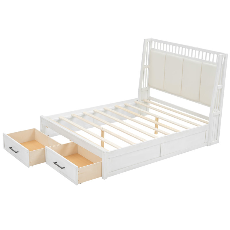 Grand lit plateforme en bois avec tête de lit tapissier et 2 tiroirs, Grand lit