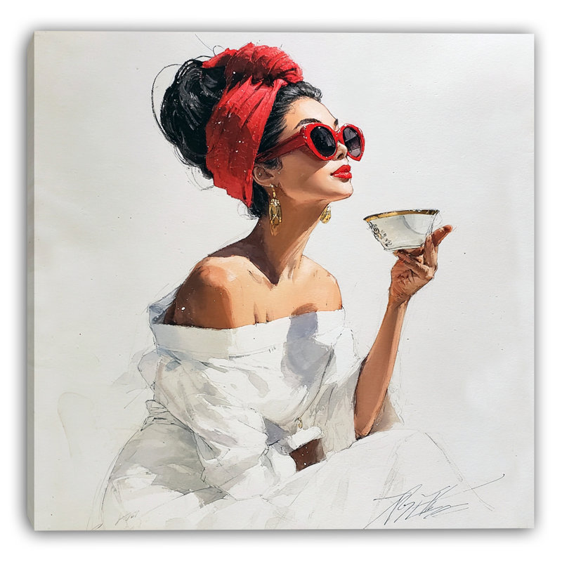 Femme élégante en robe blanche avec foulard rouge sur toile tendue