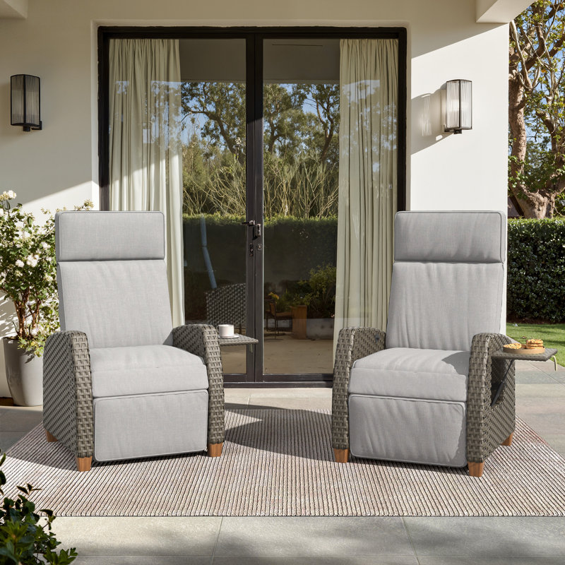 Emmanuelle Wicker Recliner Patio Chair With Cushions, Set of 2, Light Gray Cushion/Khaki Frame