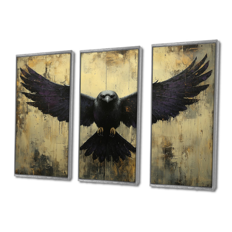 Ensemble de salon Black Native Ravens Wings - Native American Art Totem, Toile argentée avec cadre flottant