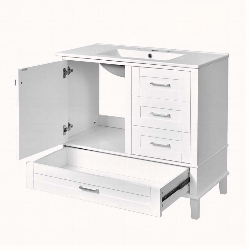 Meuble-lavabo moderne 36 po avec cadre en pin massif, 1 porte à fermeture douce et 3 tiroirs, armoire de rangement moderne