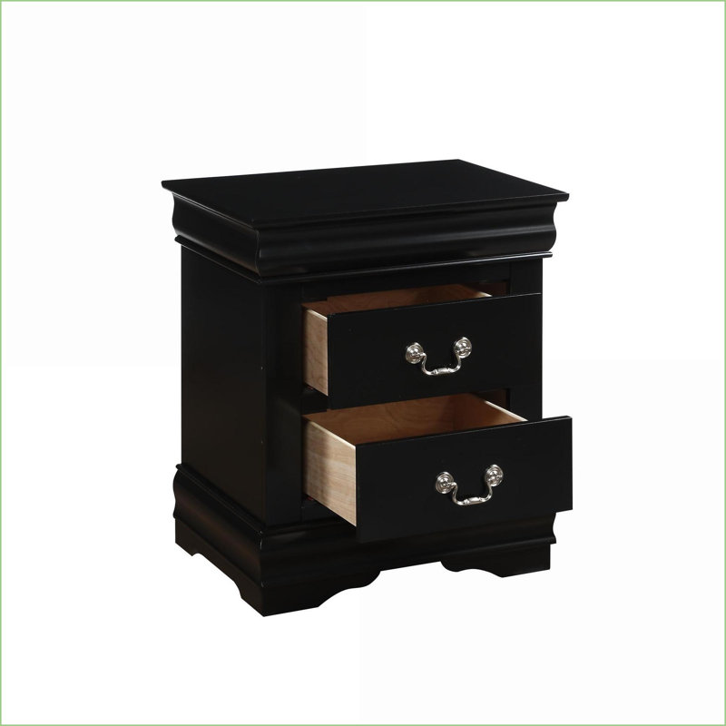 Table de chevet 2 tiroirs moderne noir avec poignées en nickel brossé