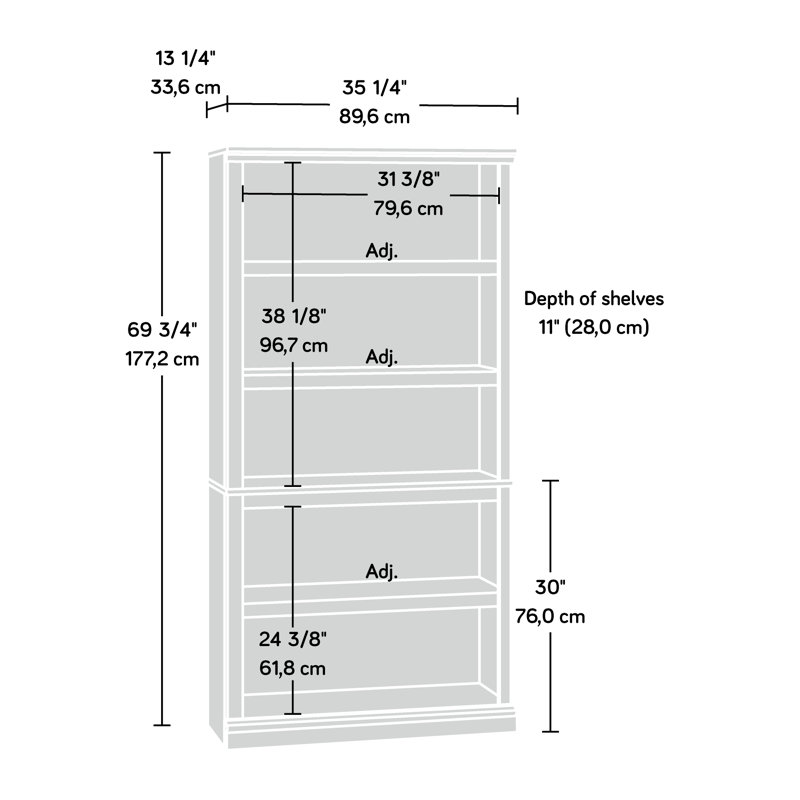 Alexsia Standard Bookcase, Grand Walnut, 35-1/4”W x 13-1/4”D x 69-3/4”H 