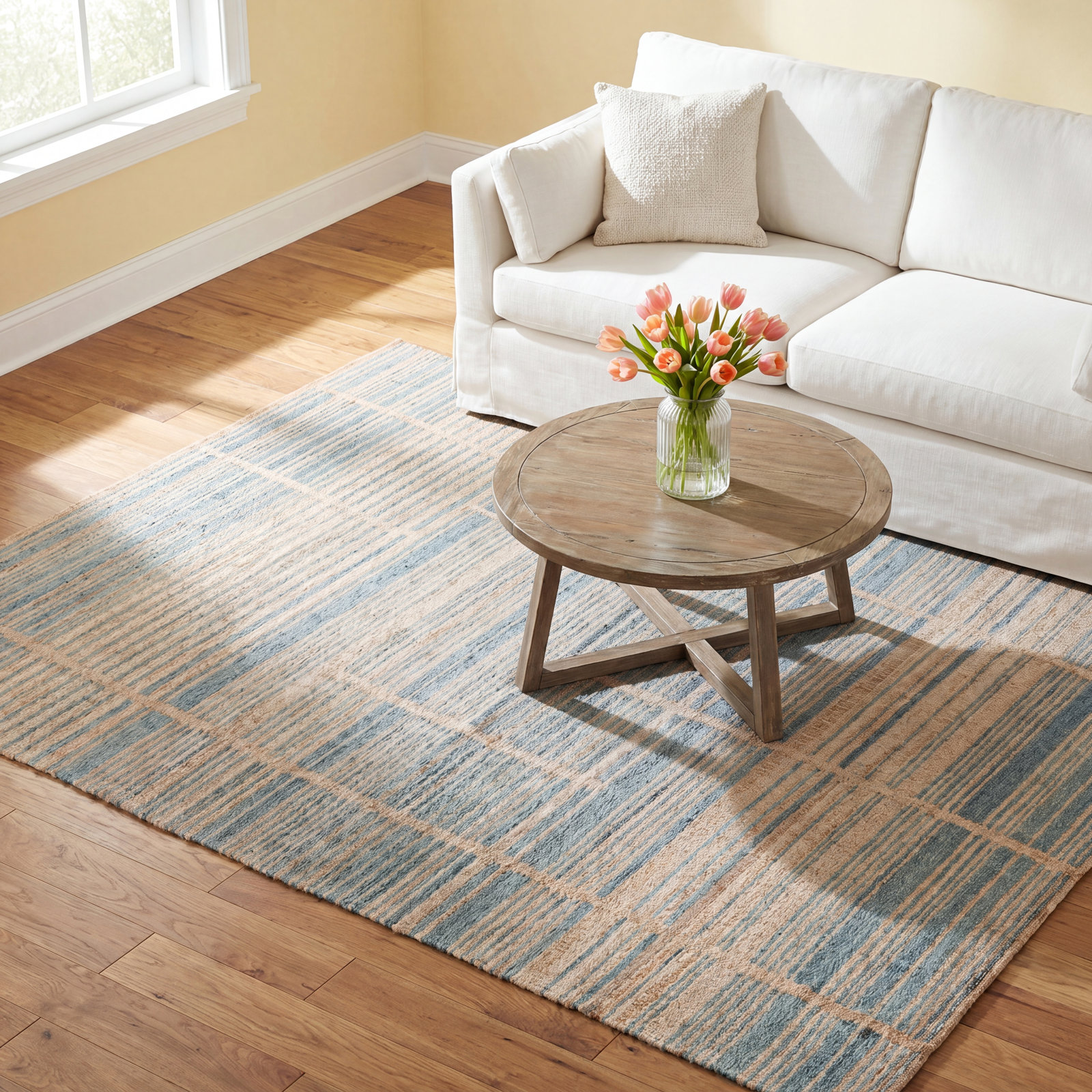 Zoya Brown Blue Hand-Woven Striped Jute Rug, Rectangle 9' x 12'