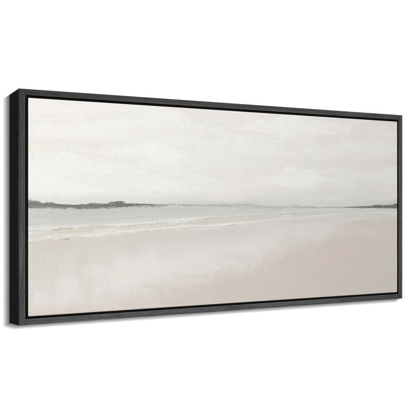 Muted Coastal Beach Serene Modern Neutral Extra Large Pictures Framed Canvas Print Wall Art, 30" H x 60" W, Black