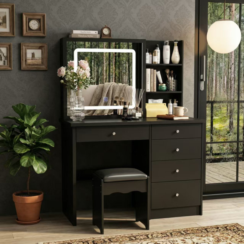 Awilda 39.4'' Wide Makeup Vanity Set with Stool and LED Mirror, Black