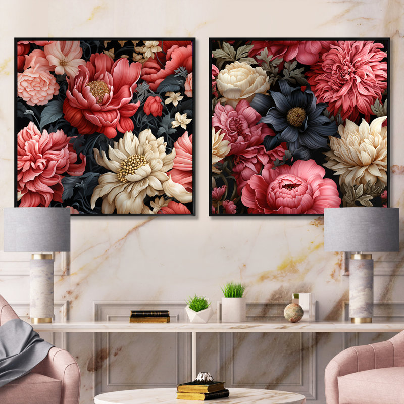 Ensemble de 2 ensembles de collage à motif floral carré Manitoba, Cadre flottant noir, H 16 po x l 33 po
