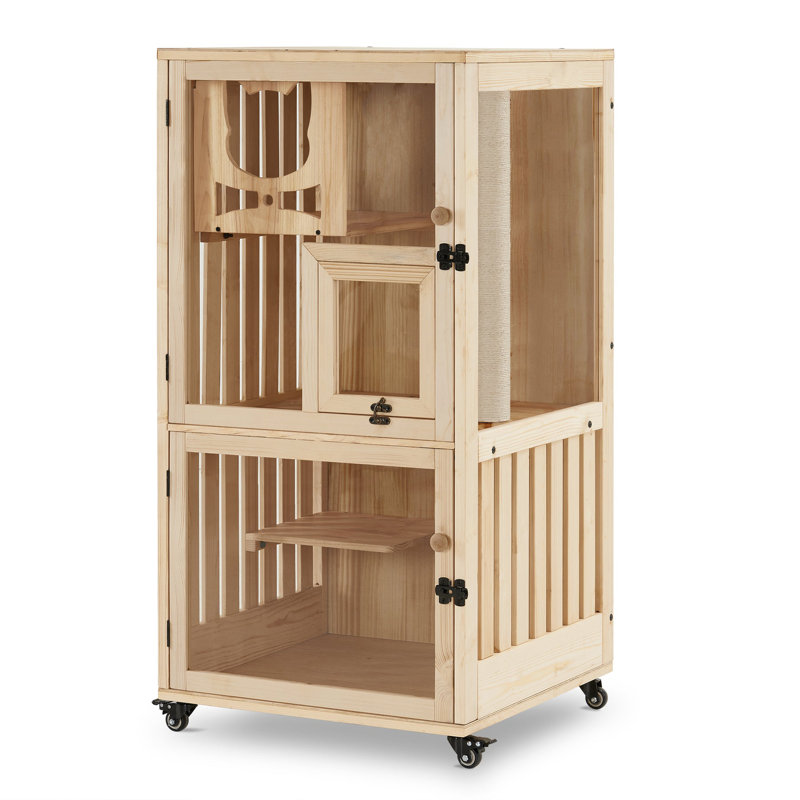 Villa pour chat 47 "en bois avec poteau à griffes et roues, cage pour chat avec porte de secours 47" Daquian