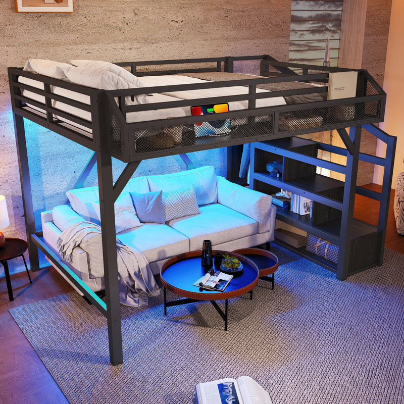 Full Loft Bed with Storage Stairs, Shelves & Built-in Wardrobe, USB Ports & LED Lights, Noise-Reduced, Black, Black, Full