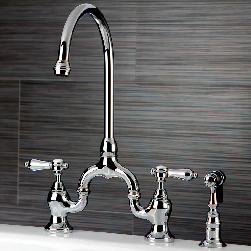 Kingston Brass Heirloom Two-Handle 3-Hole Deck Mount Bridge Kitchen Faucet with Brass Side Sprayer, Polished Chrome