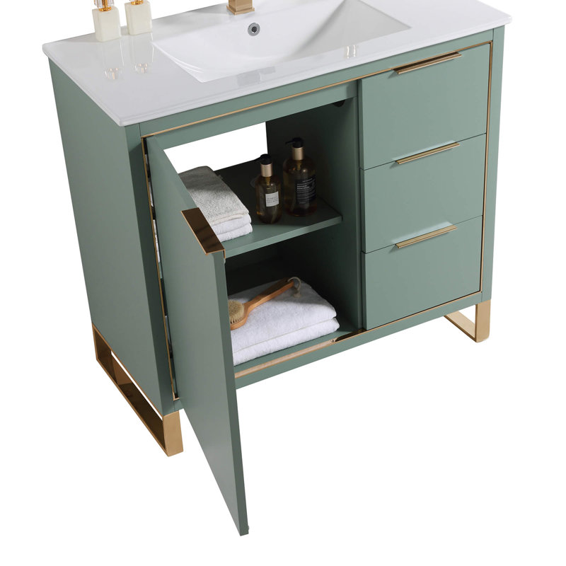 36" Single Bathroom Vanity Set, Satin Brass, Mint Green