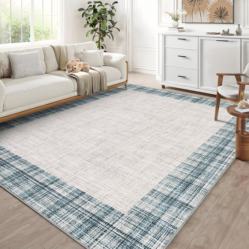 Modern Bordered Plaid Rugs Soft Thin Washable Hallway with Non-Slip TPR Rubber Backing, Foldable Low Pile Non Shedding Rugs