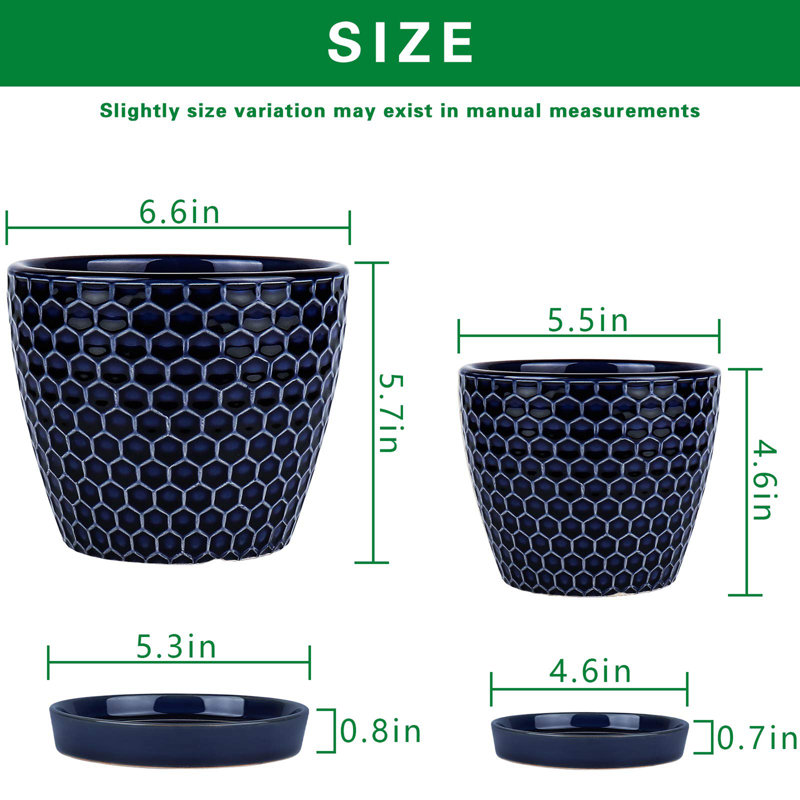Pot de 2 pièces en céramique avec trous de drainage et soucoupes, Bleu