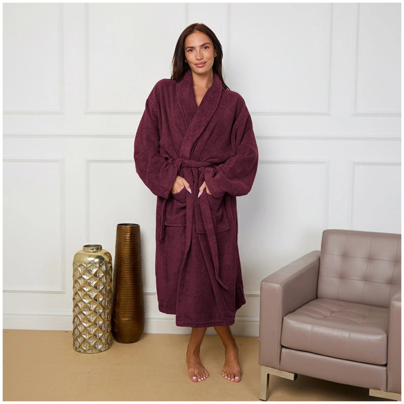 100% Cotton Mid-Calf Bathrobe with Pockets, Burgundy