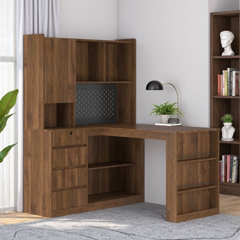 L-Shaped Desk with LED Light & Power Hub — Shelves, Drawers & 62 Inches of Vertical Command for Your Gaming Sanctuary, Brown