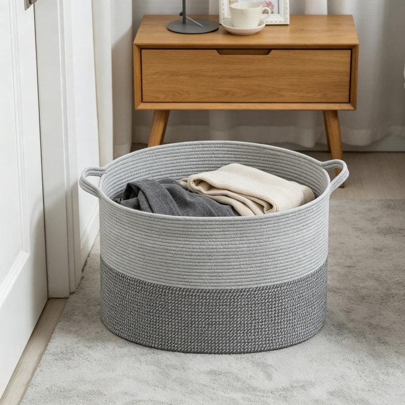 Grand panier en corde de coton tissé, rangement pour le salon, panier à linge, range-jouets, coussin et porte-coussin