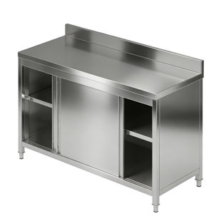 Table en acier inoxydable, table en métal avec 2 tablettes, table de préparation de cuisine avec porte coulissante, pour le restaurant, la maison, le garage, la buanderie