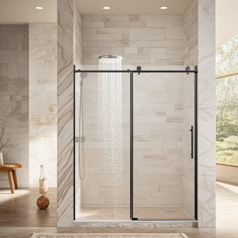 56-60" W * 76" H Stainless Steel Round Tube Frameless Single Sliding Shower Door, 1/4"-thick (6mm) Sgcc Clear Tempered Glass Door, Reversible Installation, Matte Black