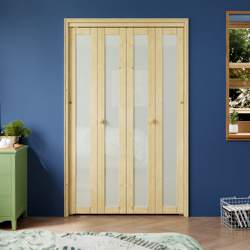 Porte pliante double en verre de pin double brut non fini avec trousse de quincaillerie, 48 po x 80 po