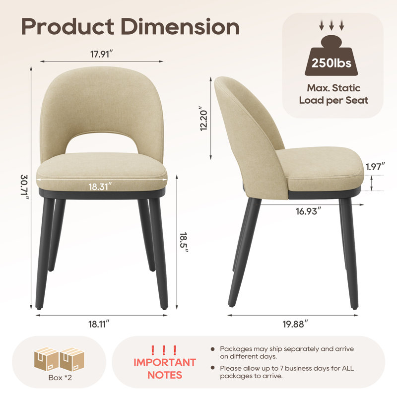 Chaises de salle à manger rembourrées modernes avec pieds en bois 18,5 "H, Chameau