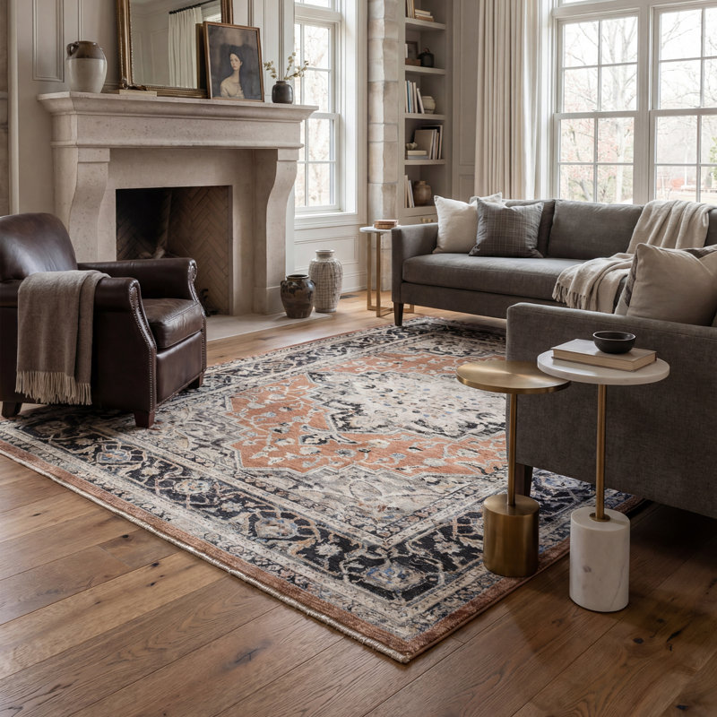 Bentancourt Medallion Black/Terracotta Area Rug, Rectangle 200 x 290cm