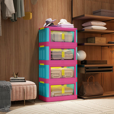 Happy Color, armoire de rangement pliante latérale de 20 po de large, 4 niveaux, 19,69 po x 11,81 po x 40,55 po, bacs de rangement pliables avec porte magnétique, armoire de rangement en plastique avec roues