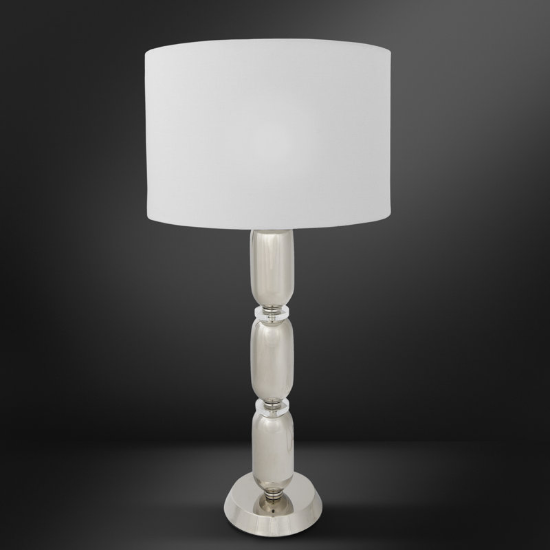 Lampe de table moderne en métal empilable avec détails en verre et abat-jour en lin, Nickel
