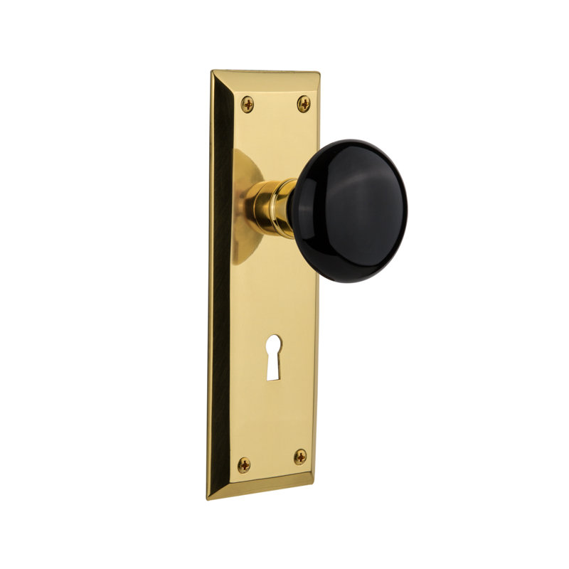 Black Porcelain Interior Mortise Door Knob with New York Long Plate, Unlacquered Brass