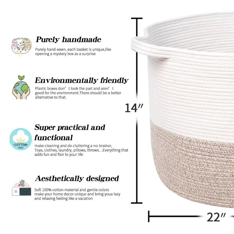 Grand panier à corde en coton, panier à couverture pour le salon, panier à linge pour bébé avec poignée, Blanc / beige