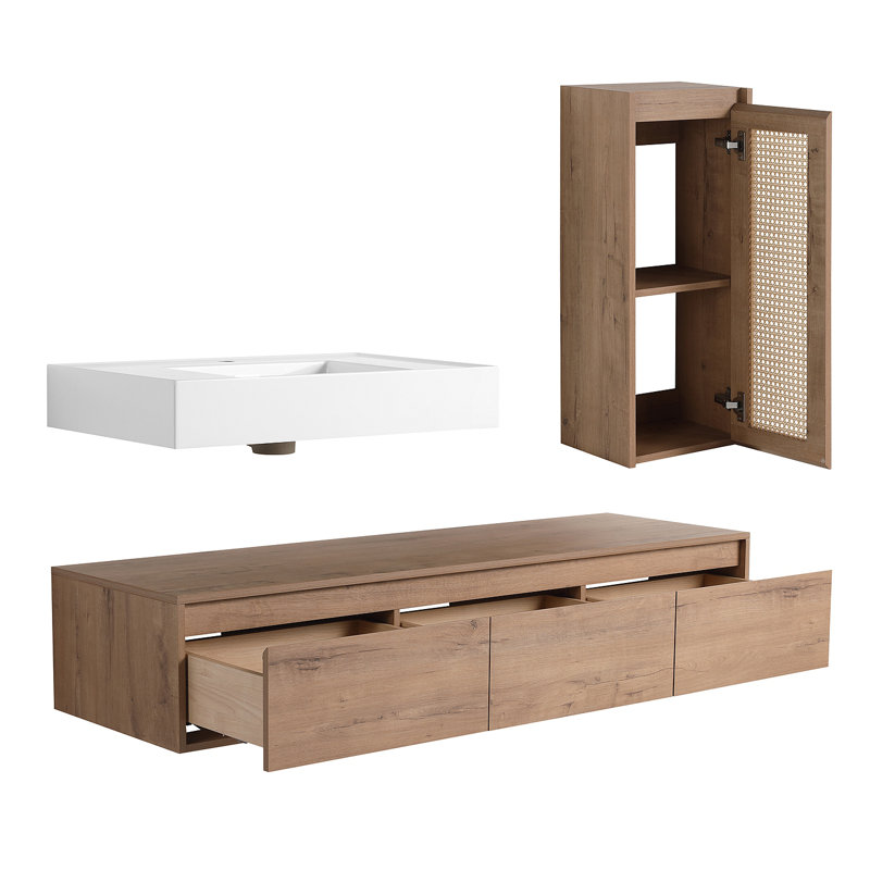 Meuble-lavabo mural 60 po avec lavabo en résine et armoire d'appoint 60 po, tiroir à fermeture en douceur, fixation à flotteur
