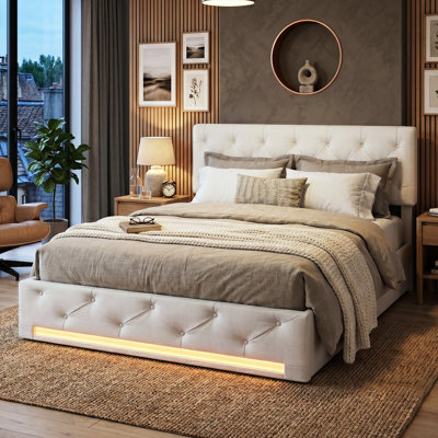 EU Double & Kingsize Linen Ottoman Bed with RGB LED Lights, Upholstered Tufted Bed Frame with Rivet Trim, Beige, 140 /160x200cm