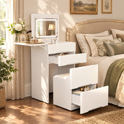 Bureau de coiffeuse en bois massif et manufacturé avec miroir réglable Hirst