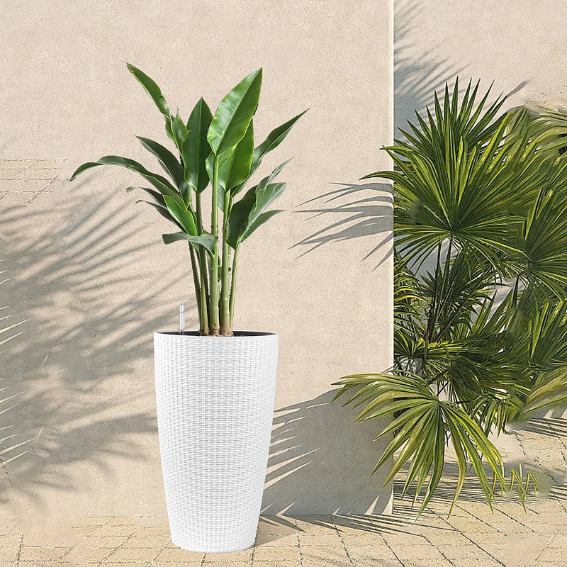 Set Of 2 Faux Rattan Tall Planters Outdoor Indoor Large Planters With Water Level Monitor Inner Bucket, Automatic Watering