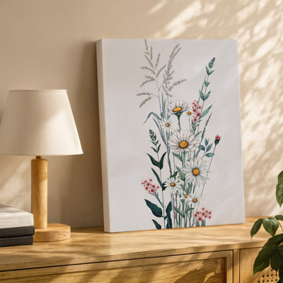 Toile, un arrangement délicat de fleurs sauvages se dresse sur un fond d'art mural pâle avec une variété de fleurs telles que l'art mural sur toile