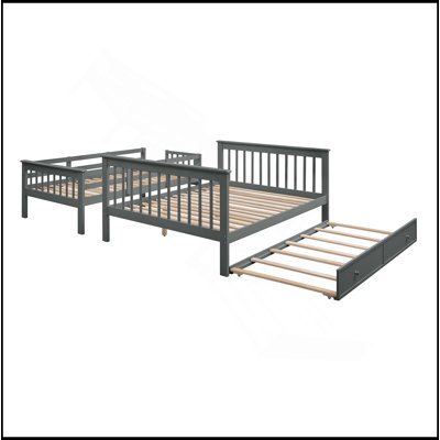 Lit superposé simple au-dessus d'un lit double avec lit gigogne, rangement et barrière de sécurité pour chambre à coucher, dortoir, pour adultes, gris