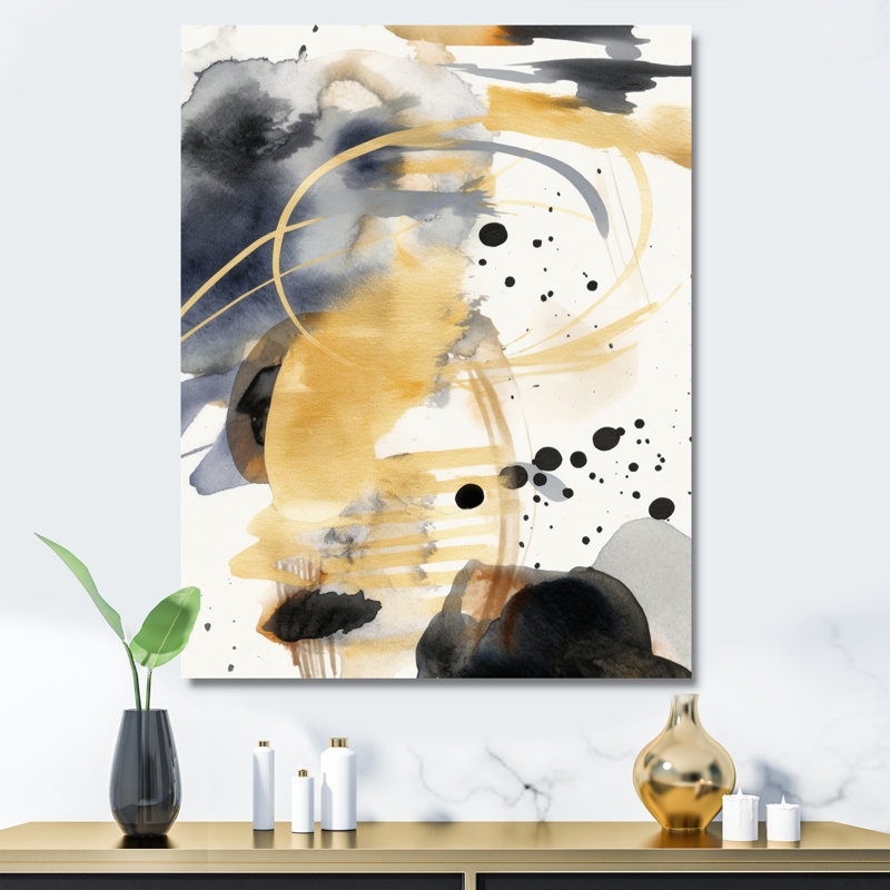 Abstrait pastel avec taches bleues et dorées sur fond noir, H 20 po x l 12 po x P 1 po, Toile tendue