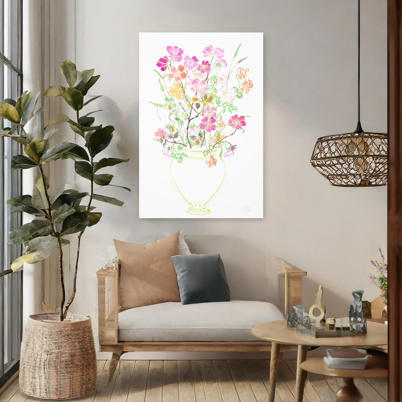 Art contemporain contemporain coloré délicat avec fleur rose délicate, H 48 po x l 32 po