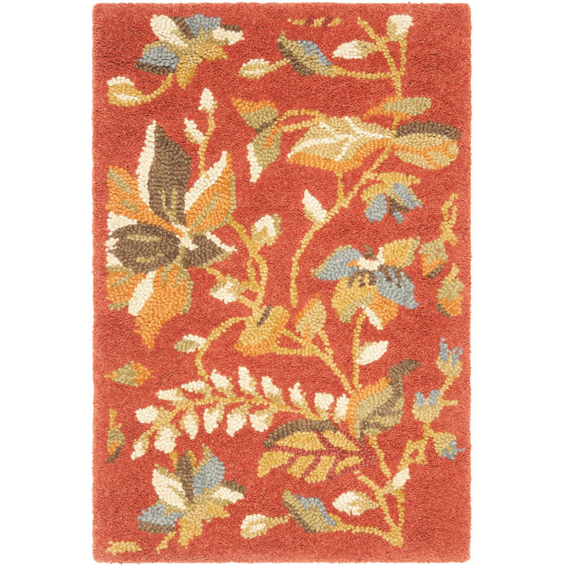 Tapis de couleur rouille en laine / coton / latex crocheté à la main à motif floral Emrick, Rectangle 2 pi x 3 pi