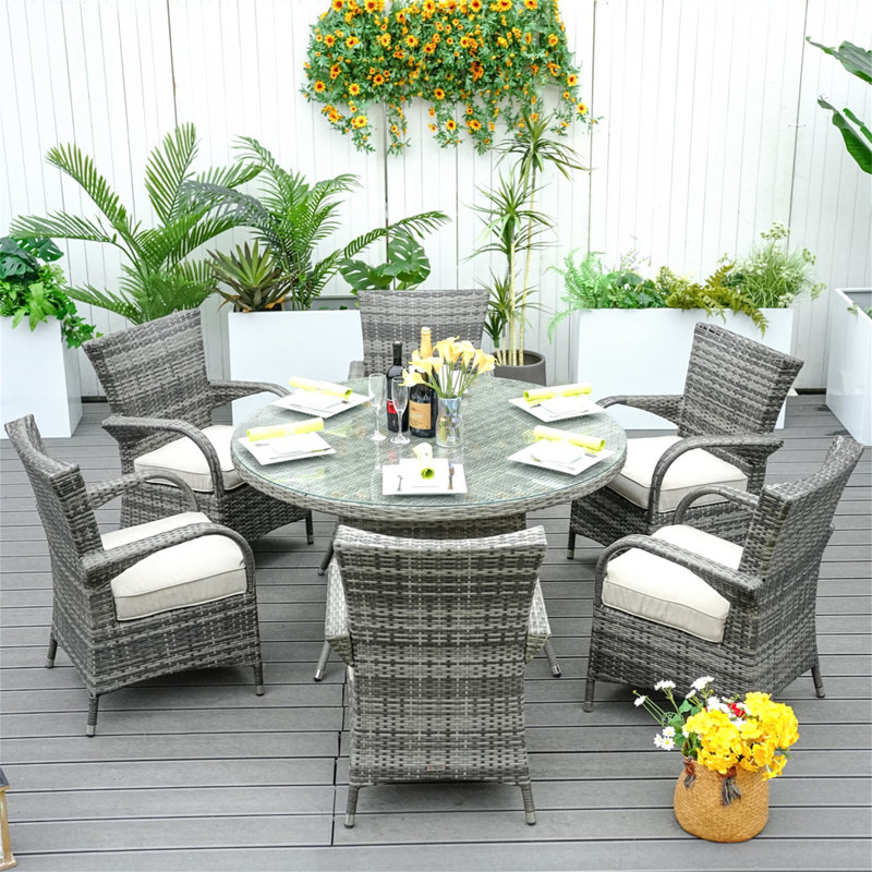 Grey 7-Piece Wicker Patio Dining Set with Round Table and Cushioned Seating, Gray