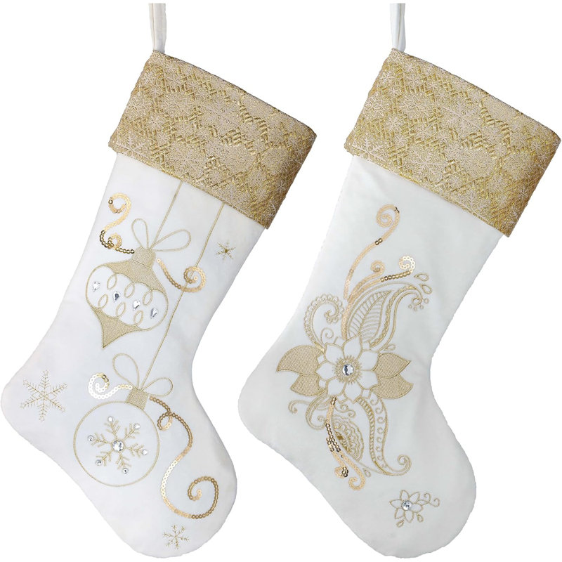  Décorations de bas de Noël, paquet de 2 de 21 pouces en tissu or blanc avec broderie en peluche décorative de cheminée pour les fêtes de Noël