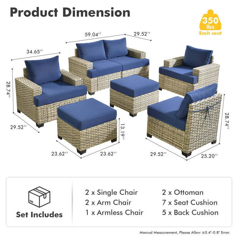 7 Piece Sofa Seating Group With Cushions, Navy