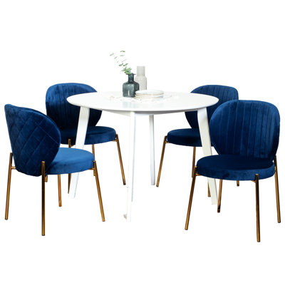 Ensemble de salle à manger 5 pièces Radiant - Table en bois d'hévéa et 4 chaises tendance avec revêtement en velours rond et luxueux