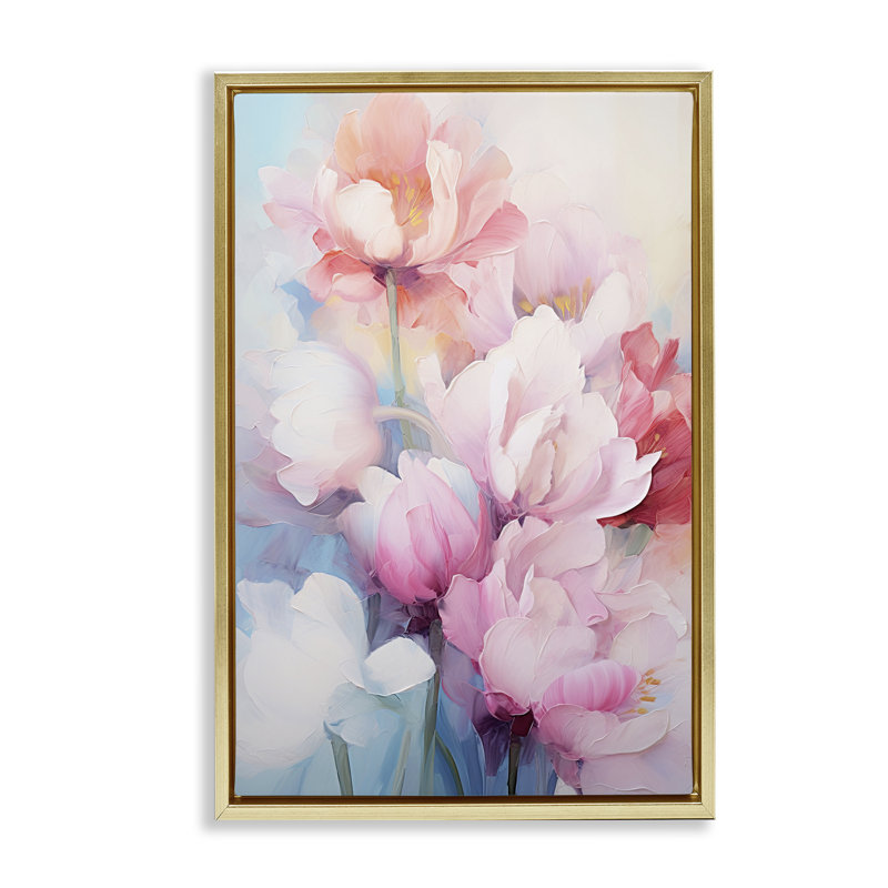 «Soft Tulip Blossoms» par Gina Kelly, H 25 po x l 17 po, Cadre flottant métallique doré