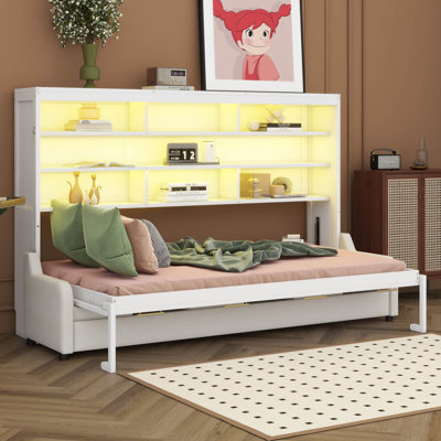 Grand lit escamotable à armoire avec canapé pliant