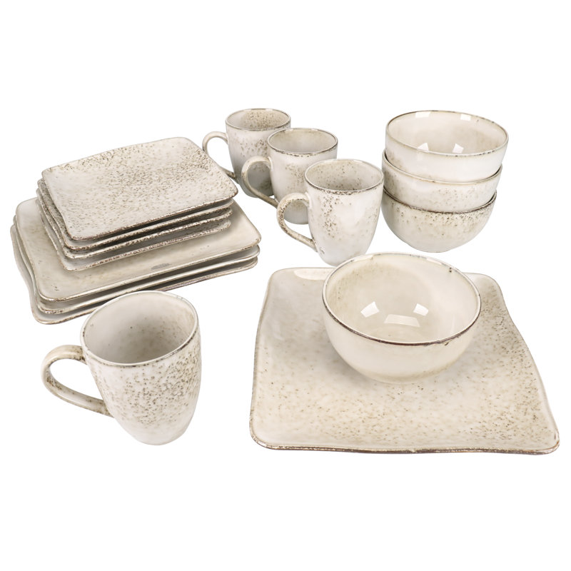 Rustico Cream Glazed Ceramic Square Dinnerware Set, Service for 4