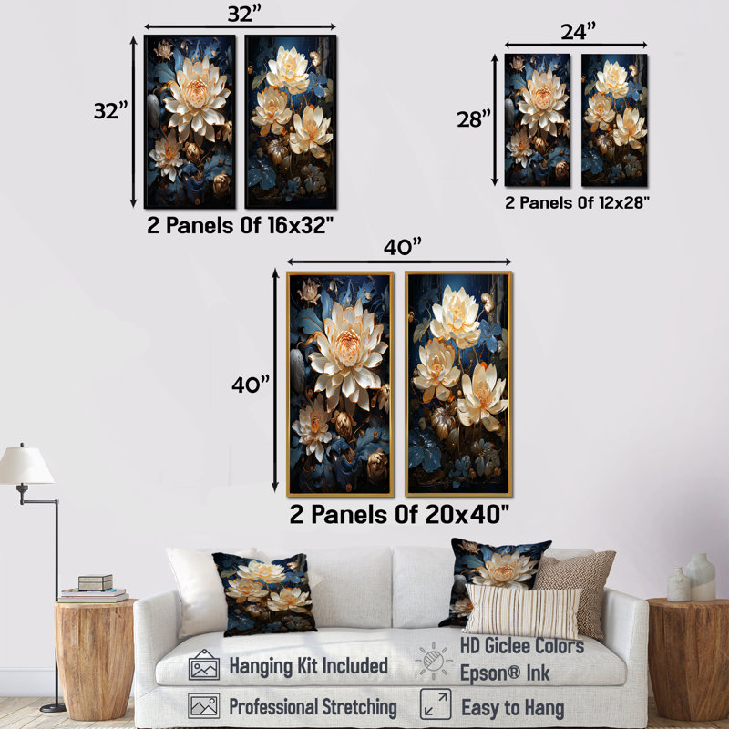 Opulent Reflections Lotus - lot de 2 impressions sur toile de lotus, Encadrement doré, H 32 po x l 33 po