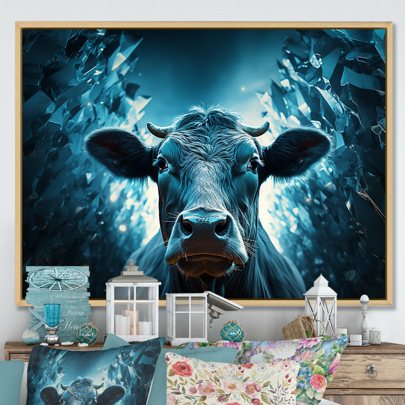 Portrait d'une vache bleue, H 16 po x l 32 po x P 1 po, Cadre naturel flottant